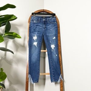 Judy Blue 5/27 Medium Wash Skinny Fit Distressed Frayed Hem Jeans